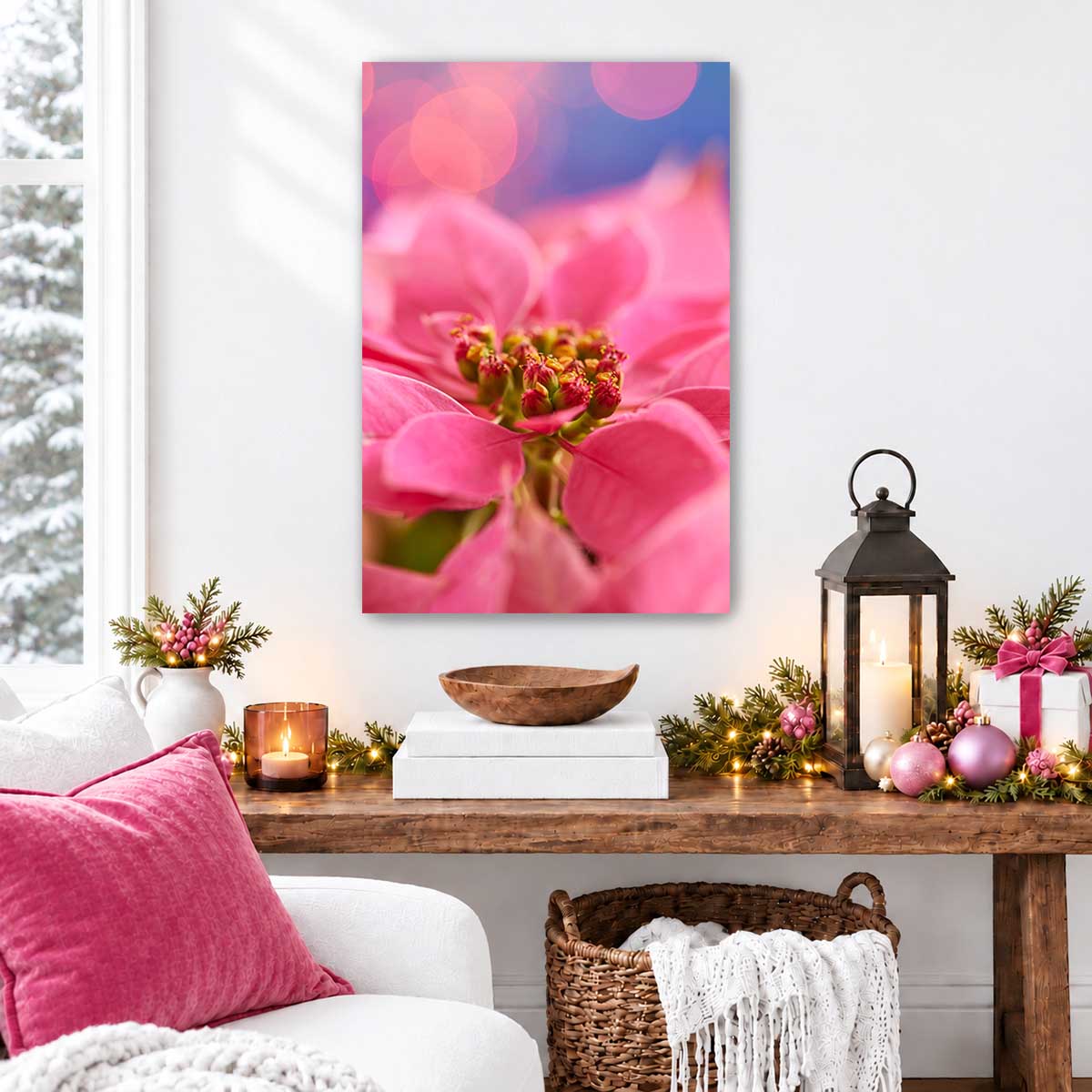 Very pink Christmas poinsettia wall art canvas with a close-up floral composition and vivid soft petals.