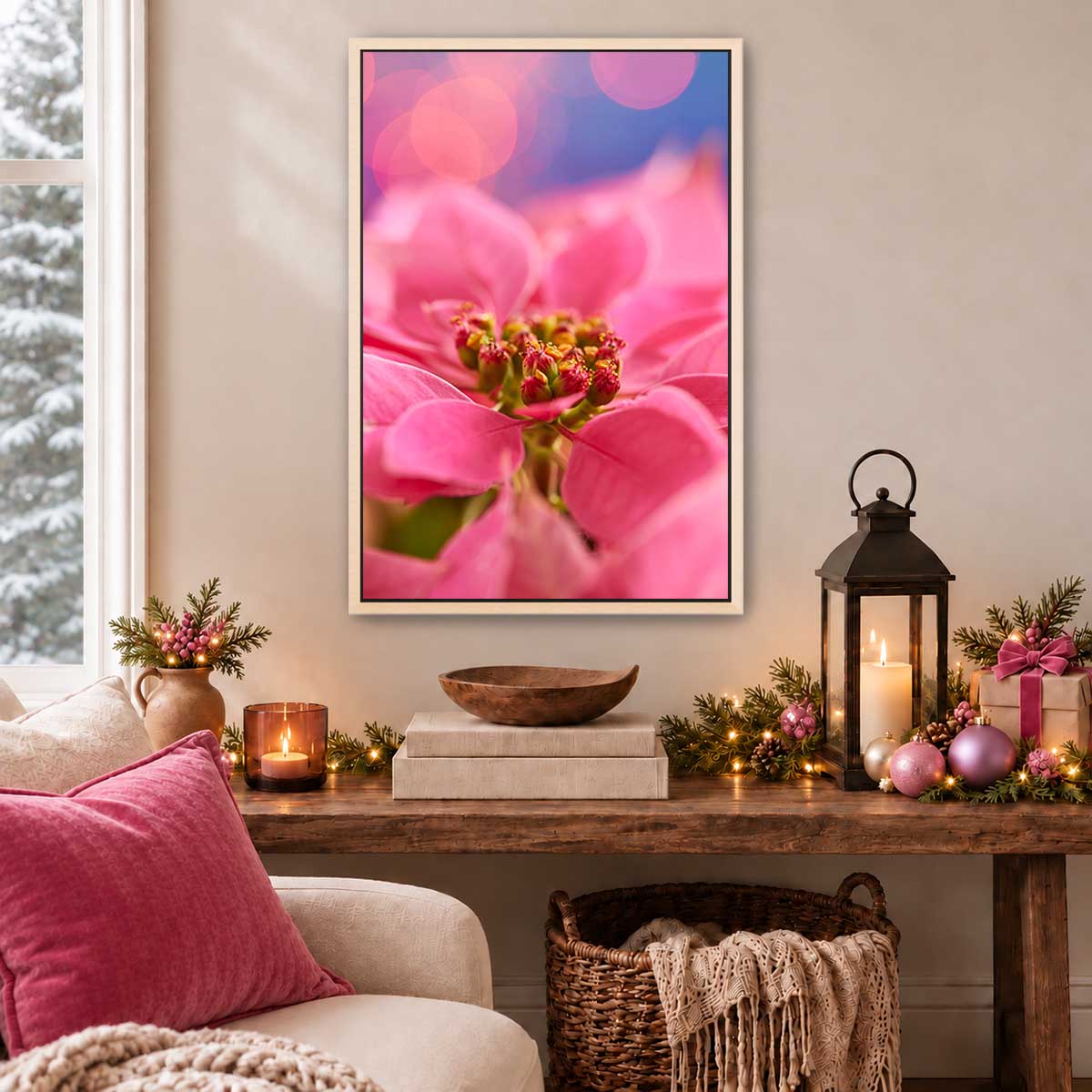 Pink Christmas poinsettia wall art featuring a close up composition with a slim gold frame and detailed petals