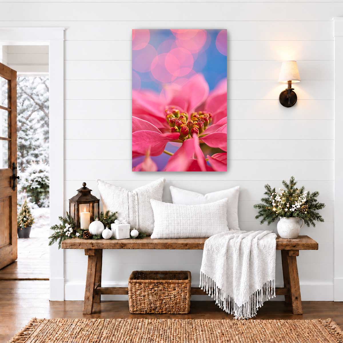 A very pink Christmas poinsettia wall art print with blurred Christmas lights and a vertical floral composition