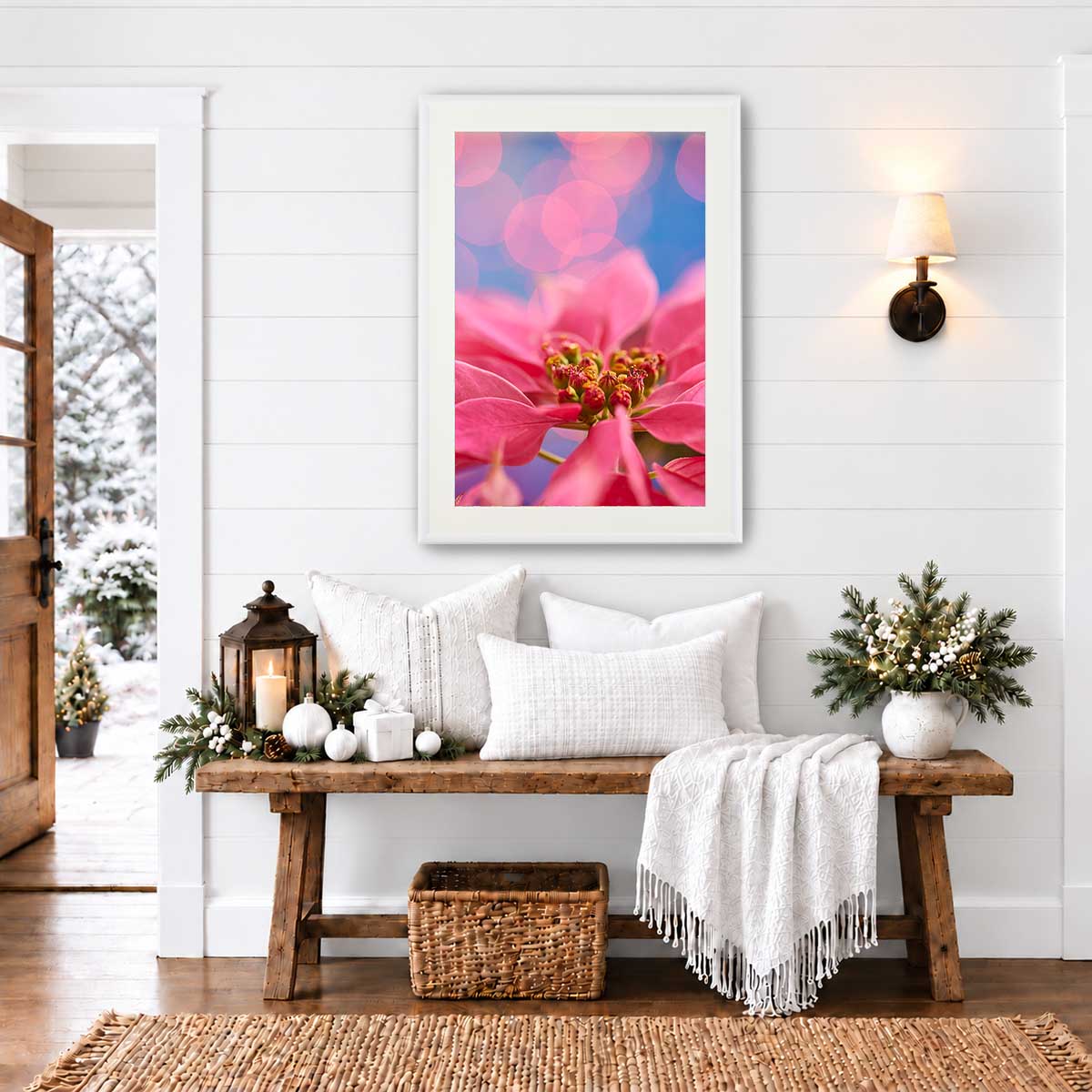 Pink poinsettia floral wall art print in a white frame, shown vertically with vivid petals and a close up botanical