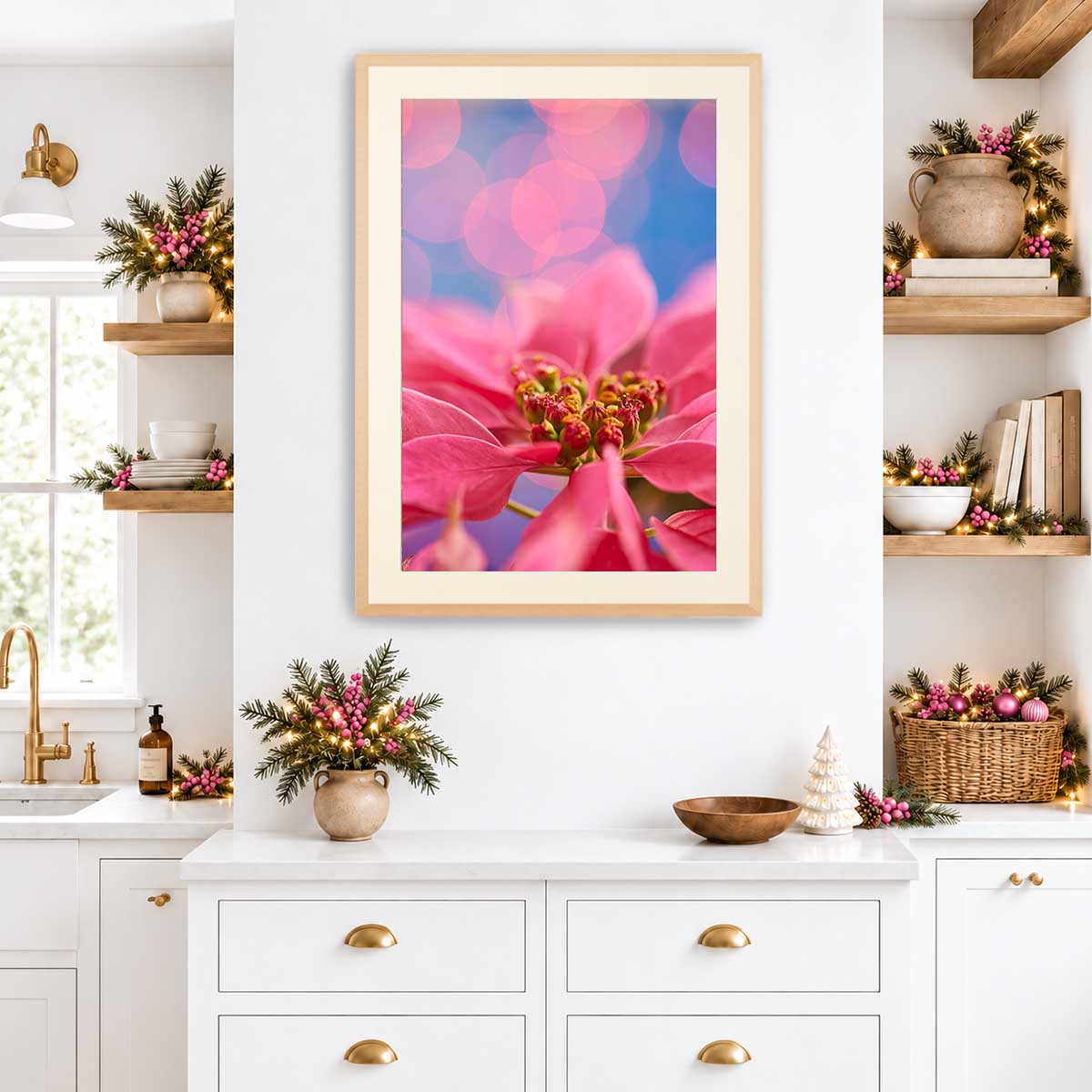 Pink poinsettia floral wall art print in a maple frame, featuring a close up bloom for vertical display