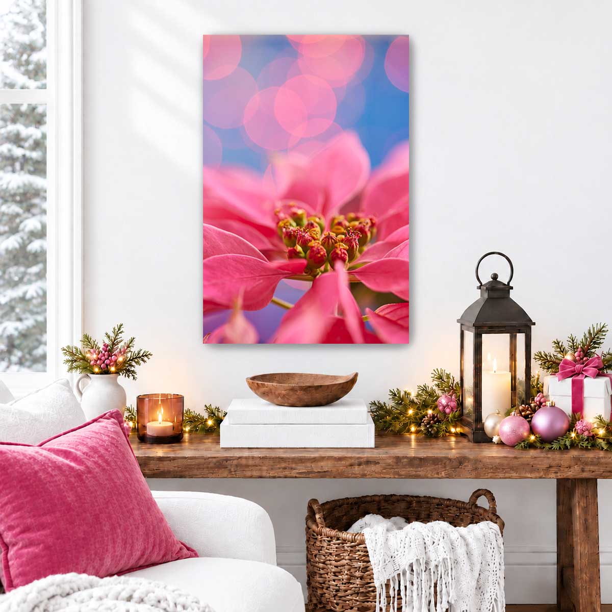 Pink Christmas poinsettia wall art print featuring a close flower detail with softly blurred lights