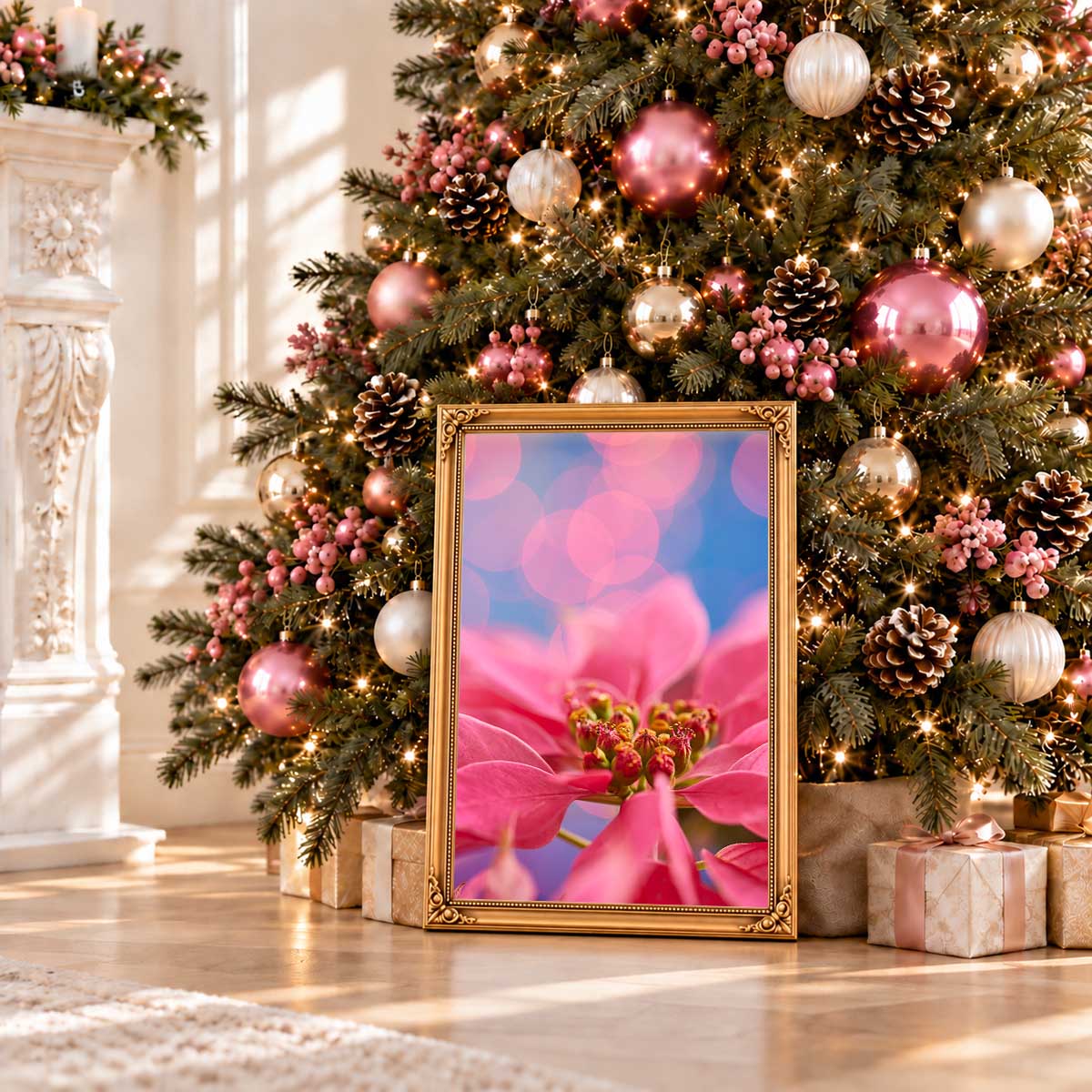 Very pink Christmas poinsettia wall art print in a gold frame with a close floral detail and blurred lights.