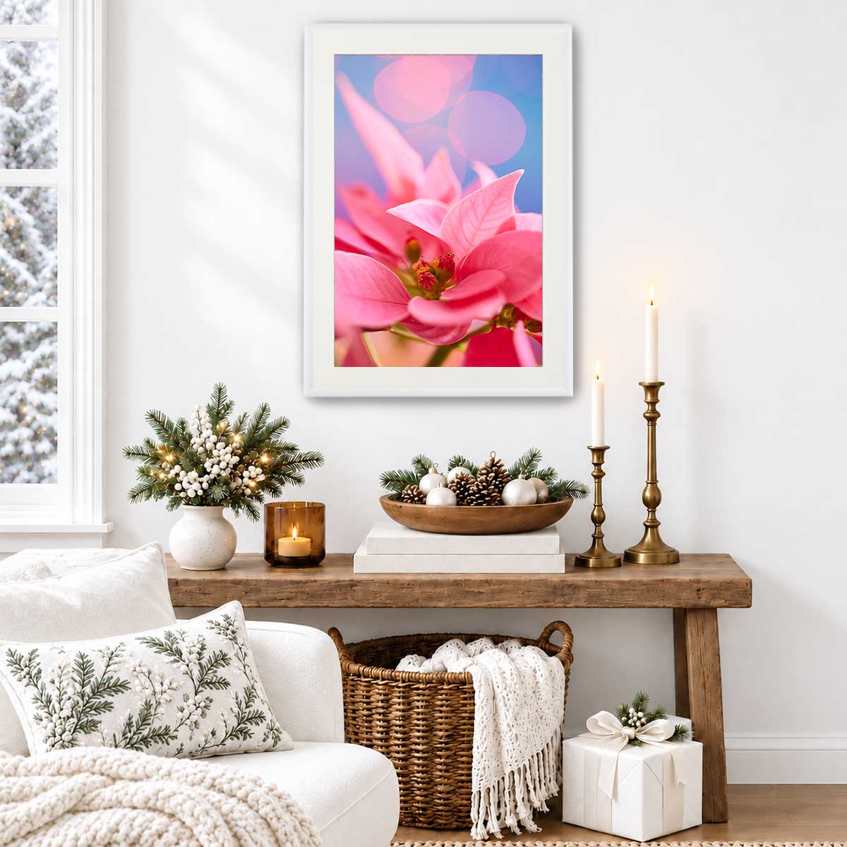 Pink poinsettia Christmas wall art canvas featuring a vertical floral composition in a white frame