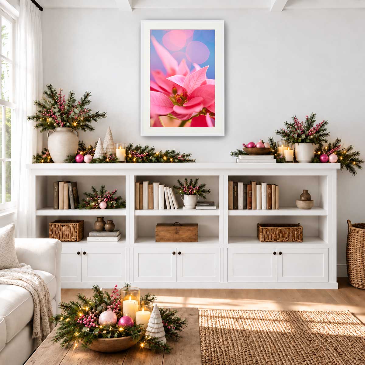 Pink Night Out poinsettia Christmas wall art canvas with a vertical floral composition and white frame display