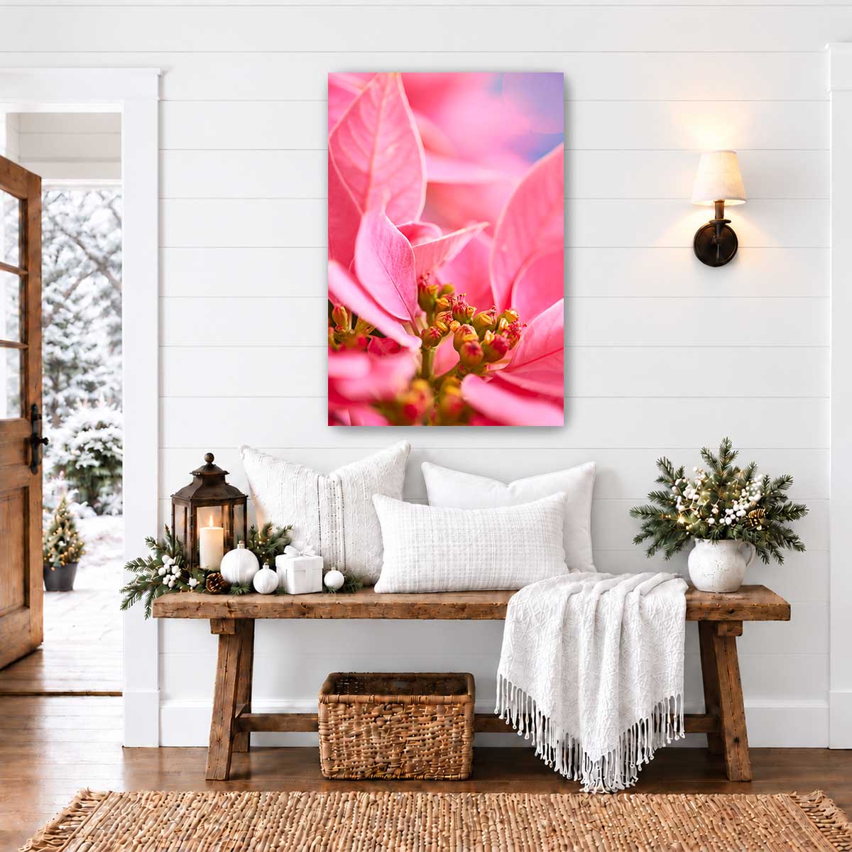 Pink poinsettia Christmas wall art canvas shows a vivid floral close-up in a vertical format with layered petals.