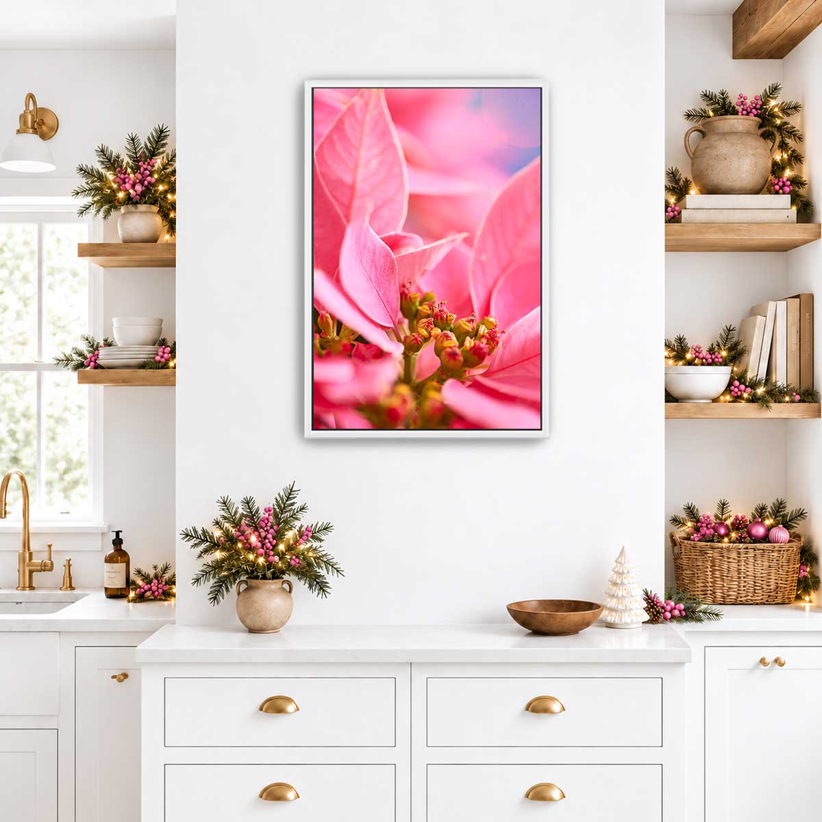 All dressed up in pink poinsettia wall art with a vertical format and framed presentation in a kitchen