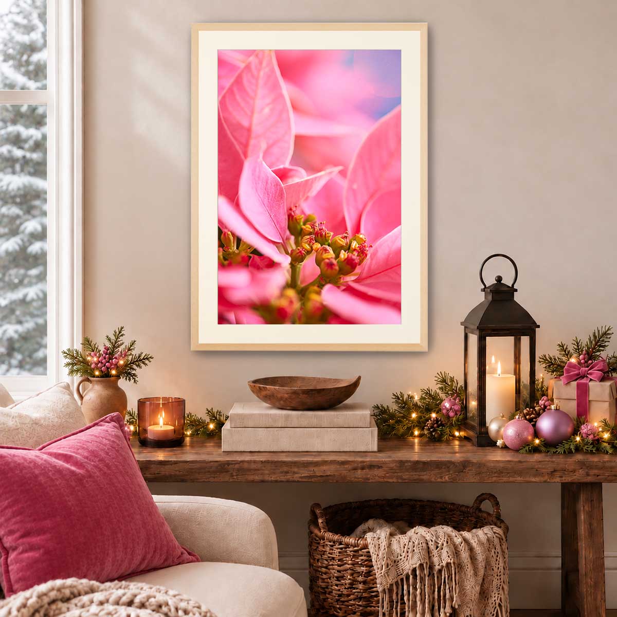 Poinsettia Christmas floral wall art print in vivid pink, featuring a vertical composition with a framed presentation