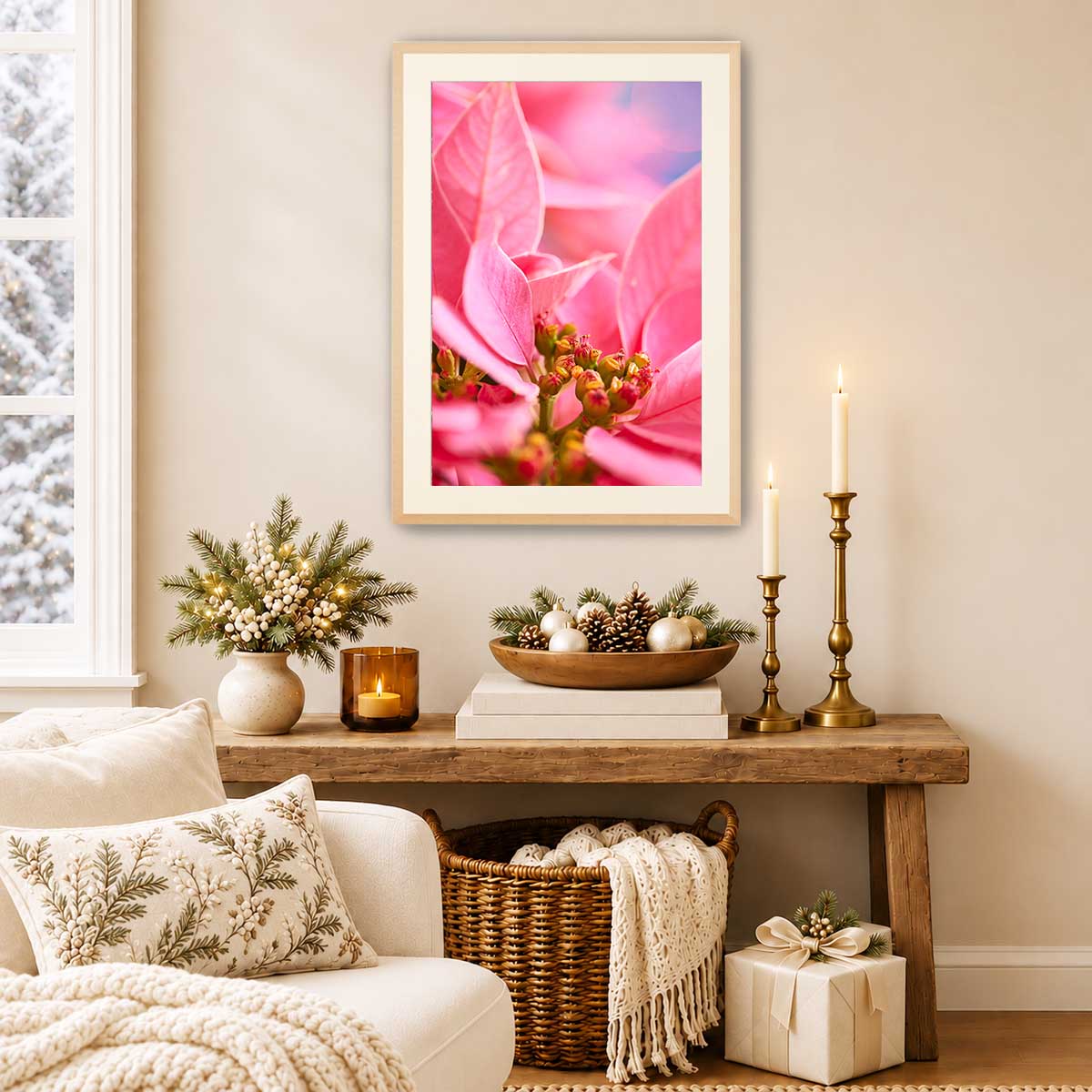Poinsettia Christmas floral wall art print in vivid pink with vertical format and framed presentation.