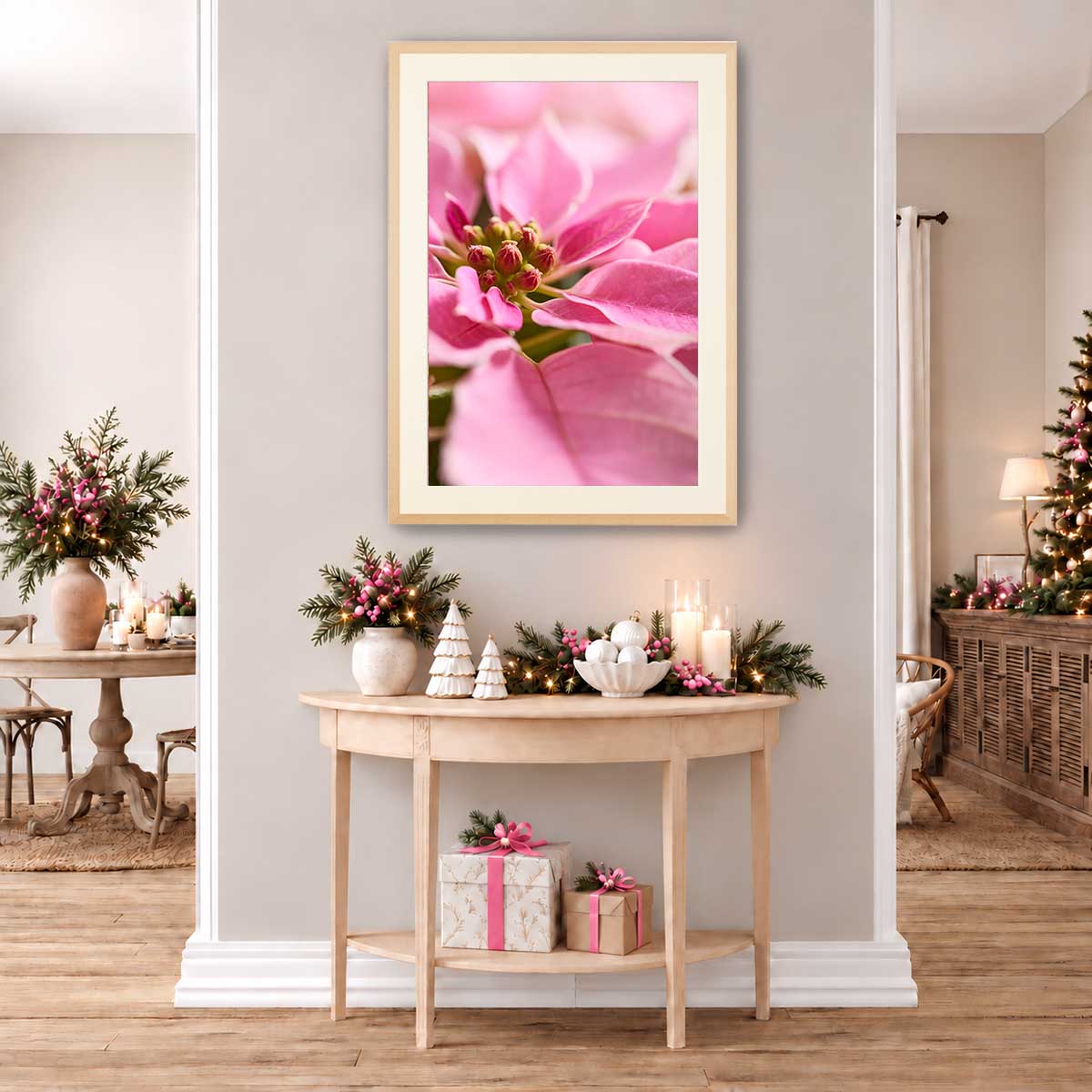 Poinsettia Christmas wall art canvas features close view pink bracts in a vertical format for seasonal decorating.