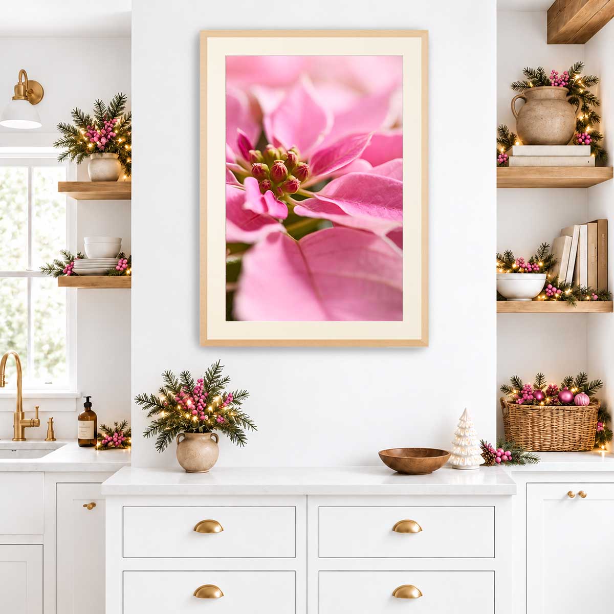 Poinsettia floral wall art canvas in pink, featuring close view bracts and a light wood frame for Christmas decorating.
