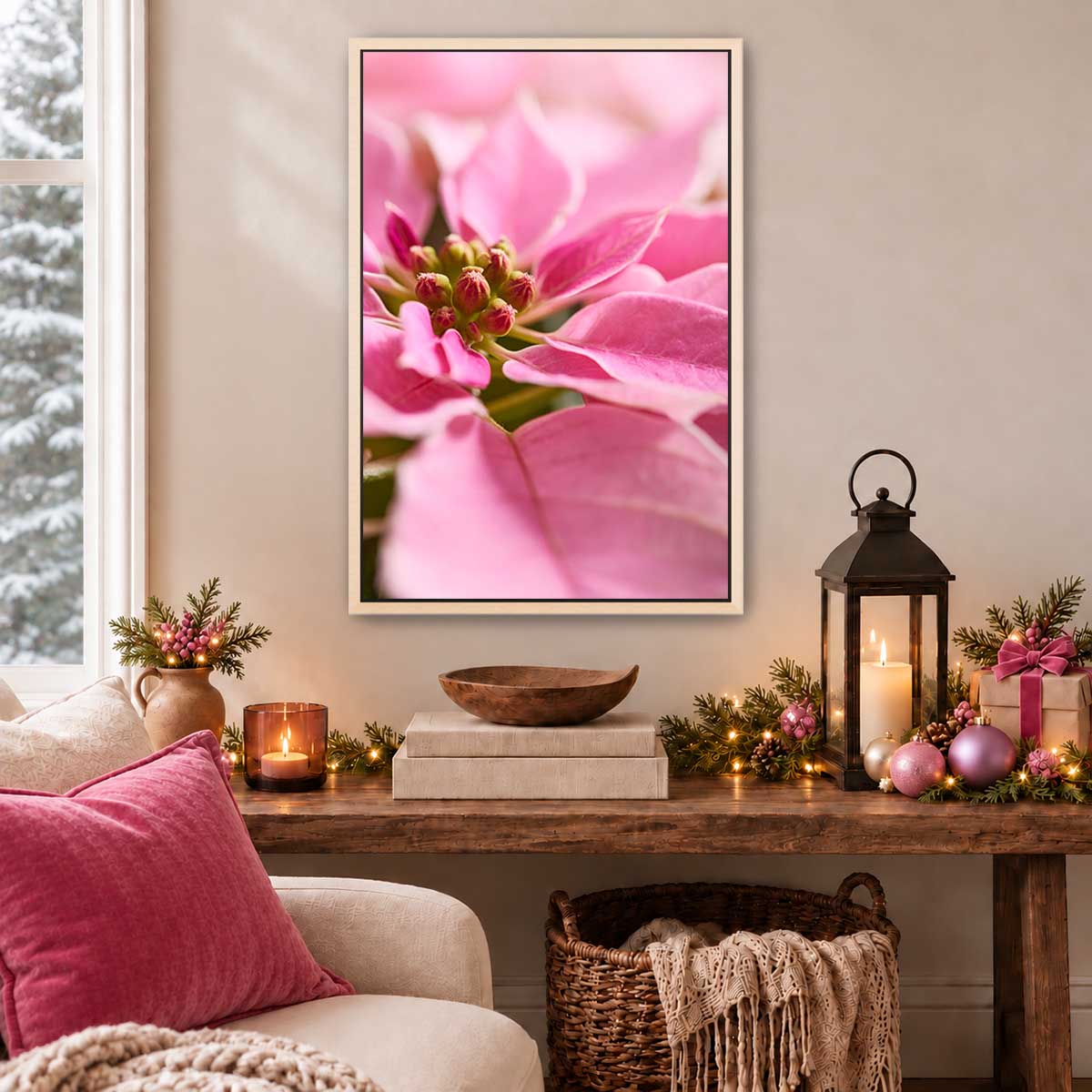 Christmas poinsettia wall art shows close-up pink bracts on a vertical canvas print with a delicate floral center.