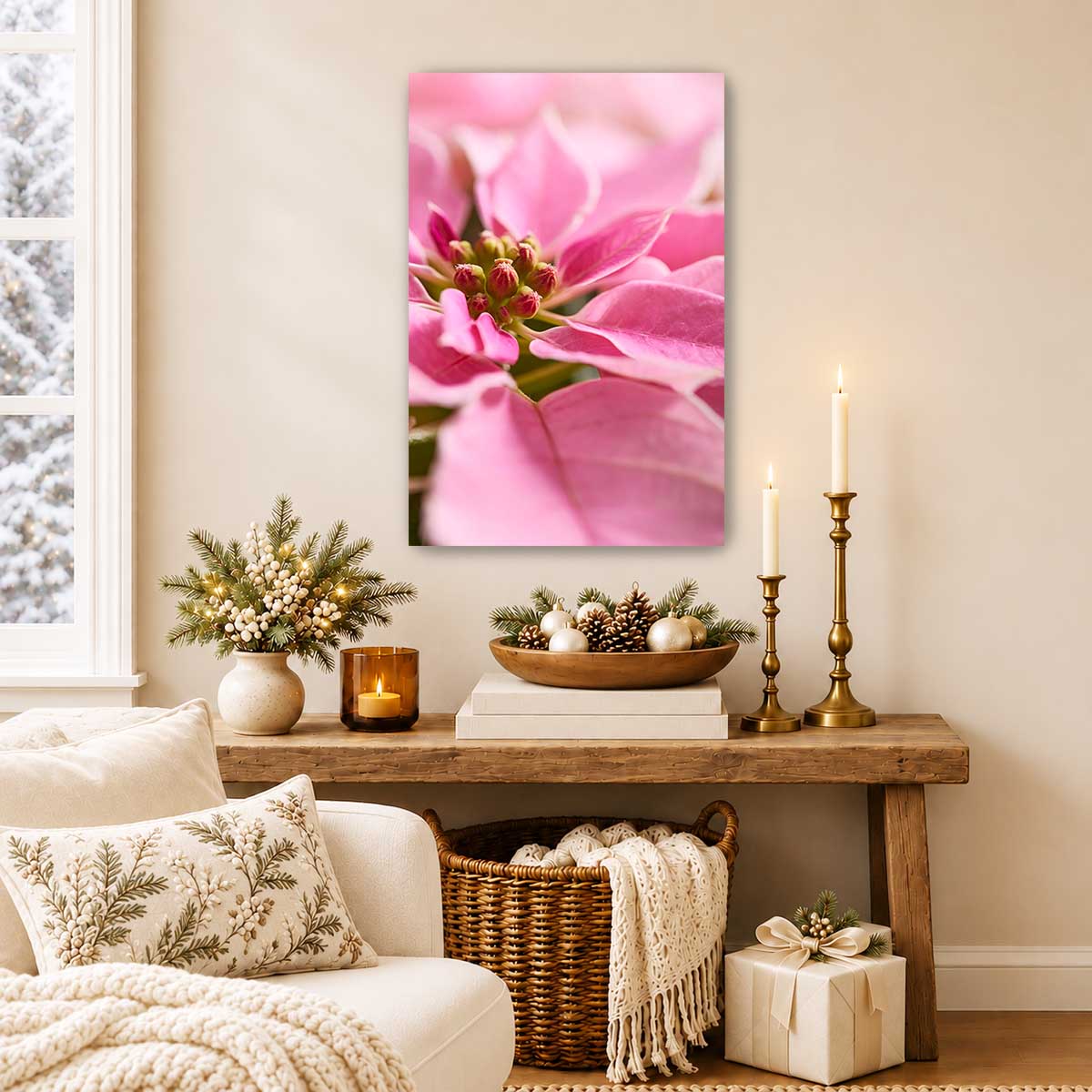 Christmas poinsettia wall art canvas in pink with a close up floral composition for seasonal decor.