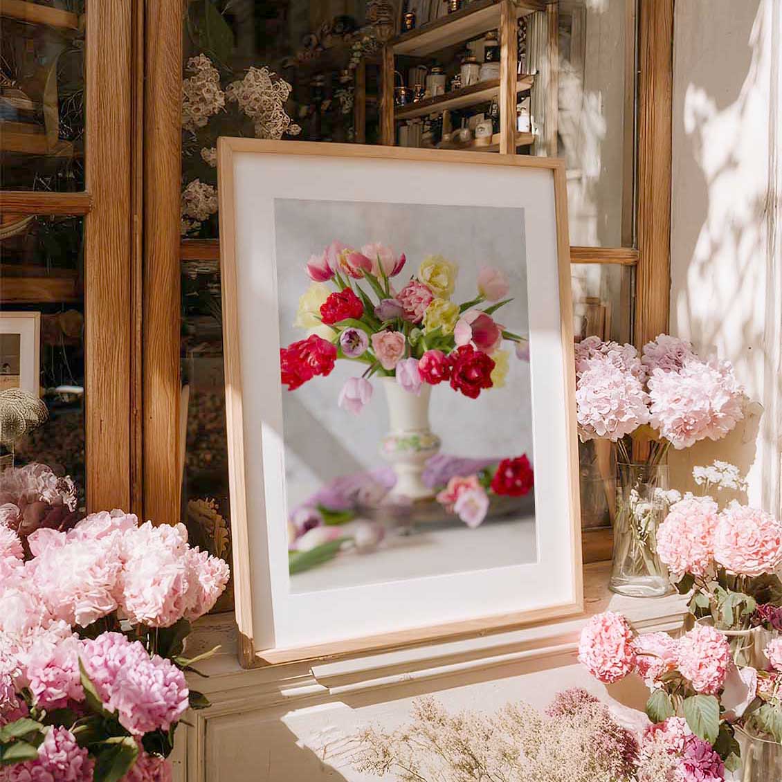 Vertical tulip wall art canvas by Lumaprints in pink and white, shown in a wooden frame on a shelf