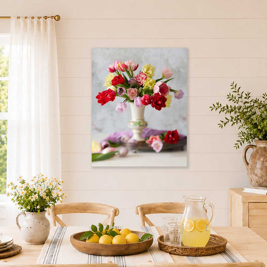 Spring Symphony Tulip Wall Art Canvas with gold accents, bright tulips in a white vase on a soft gray background