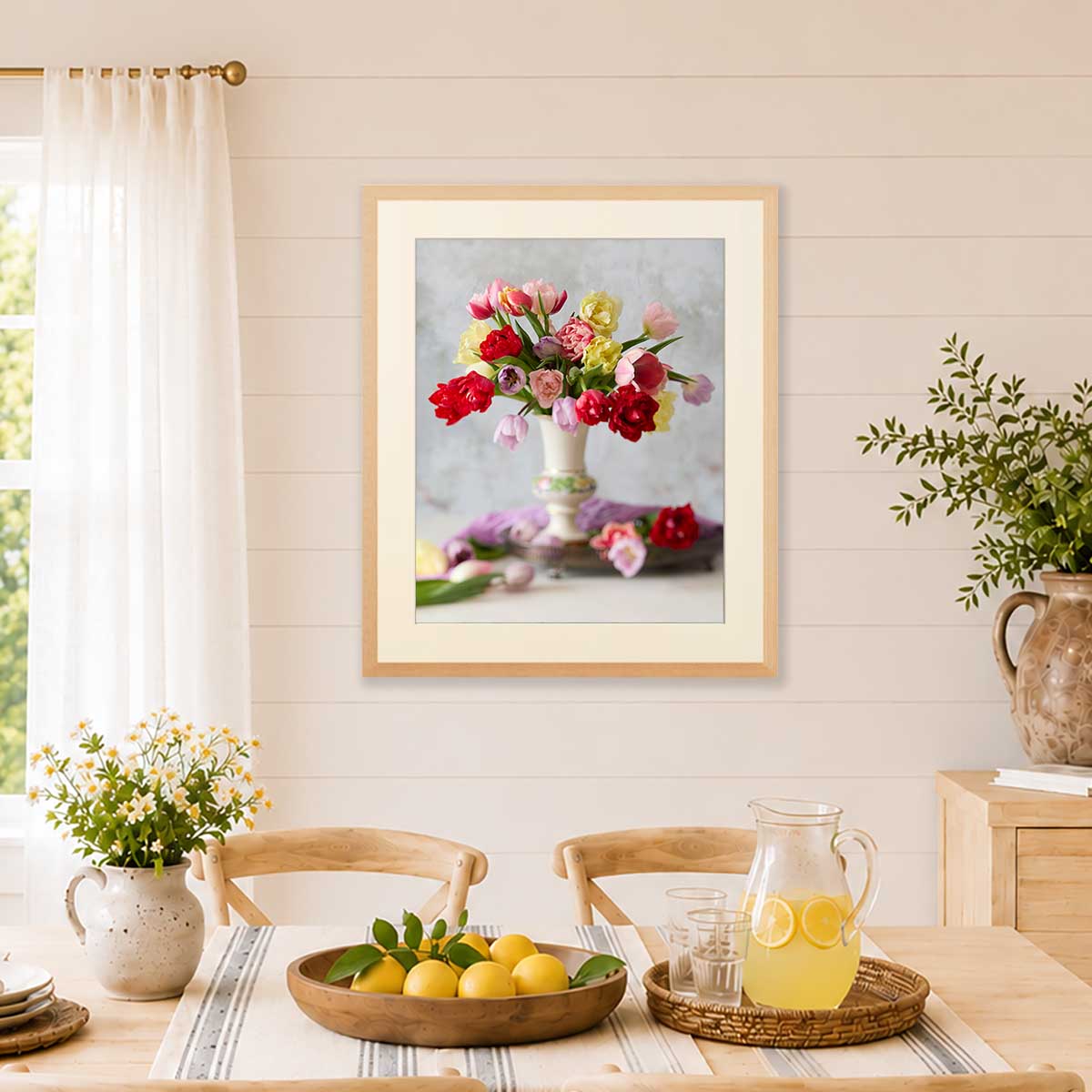 Tulip wall art canvas by Lumaprints with colorful tulips in a vertical arrangement, shown in a light wood frame