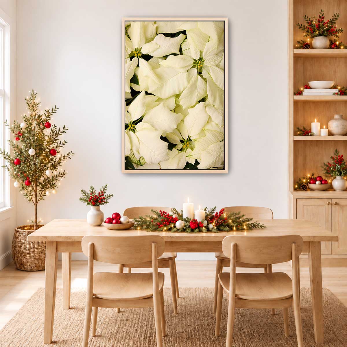 Winter white Christmas poinsettia wall art print with overlapping bracts in an overhead composition and a wood frame.