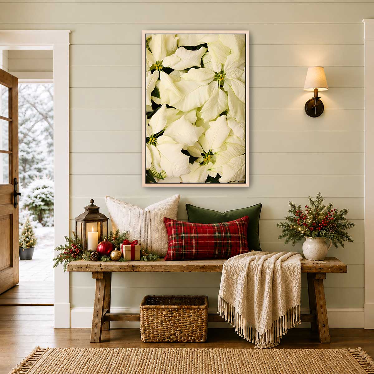 Winter White Christmas floral wall art print shows overlapping white bracts in an overhead botanical composition.
