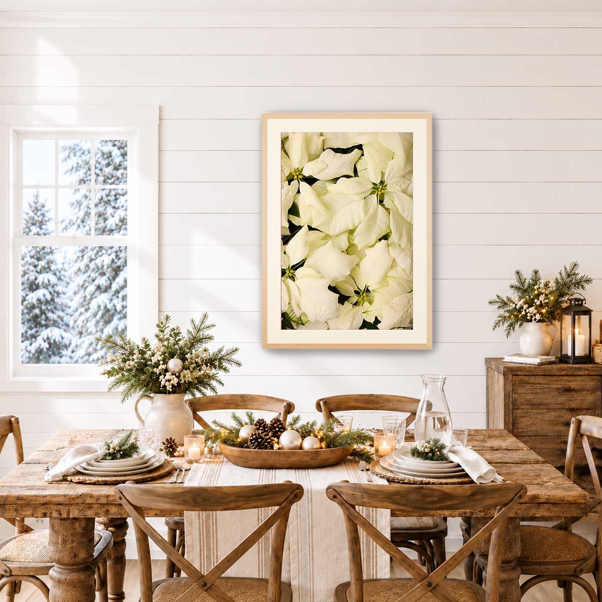 Christmas poinsettia wall art print with a maple frame and overhead floral composition for vertical display