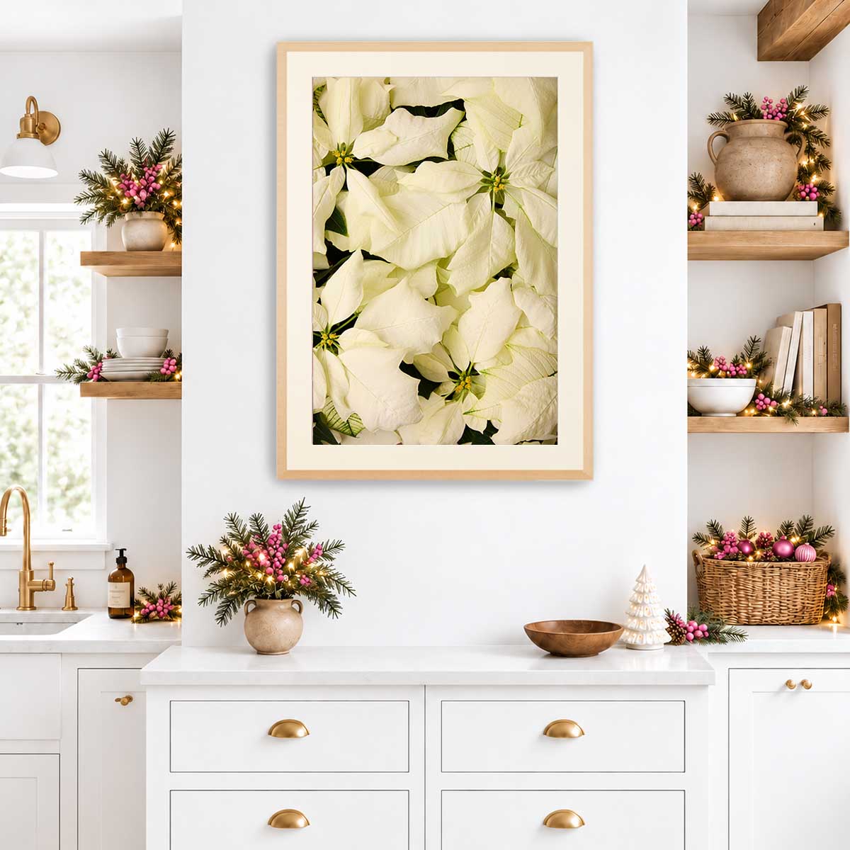 Christmas poinsettia wall art print with an overhead floral composition on fine art paper in a maple frame.