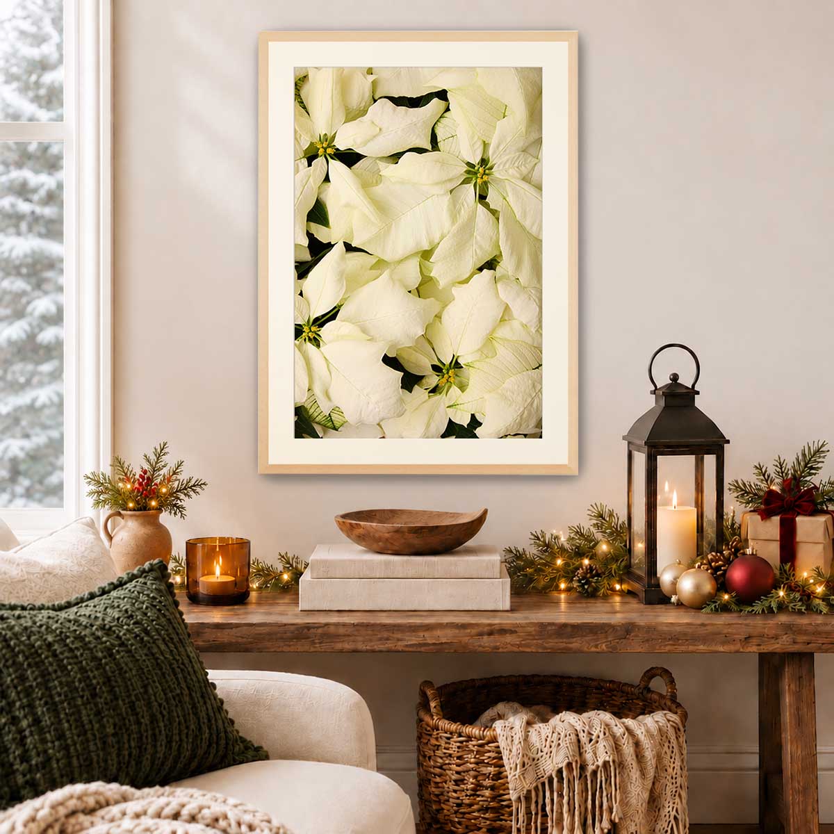 Christmas poinsettia wall art print with cream floral petals, a light wood frame, and vertical composition.