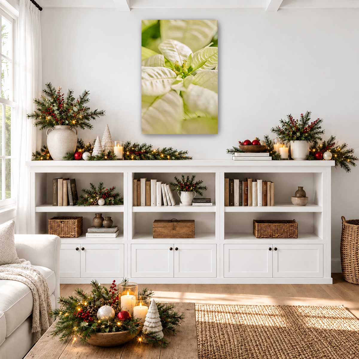 White Christmas poinsettia wall art canvas featuring a close-up botanical photograph in cream and green