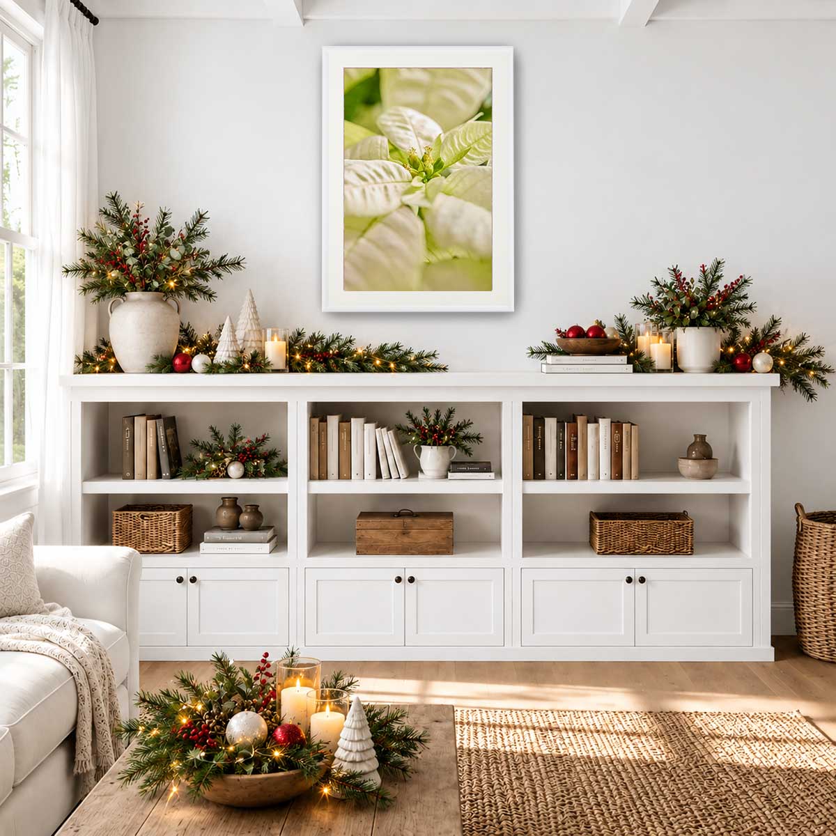 Christmas poinsettia wall art canvas in white, featuring a close-up floral center with soft-focus detail.
