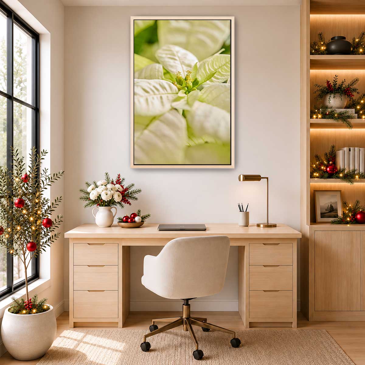 White Christmas poinsettia wall art canvas shows a close-up botanical photograph in a vertical format for winter decorating.