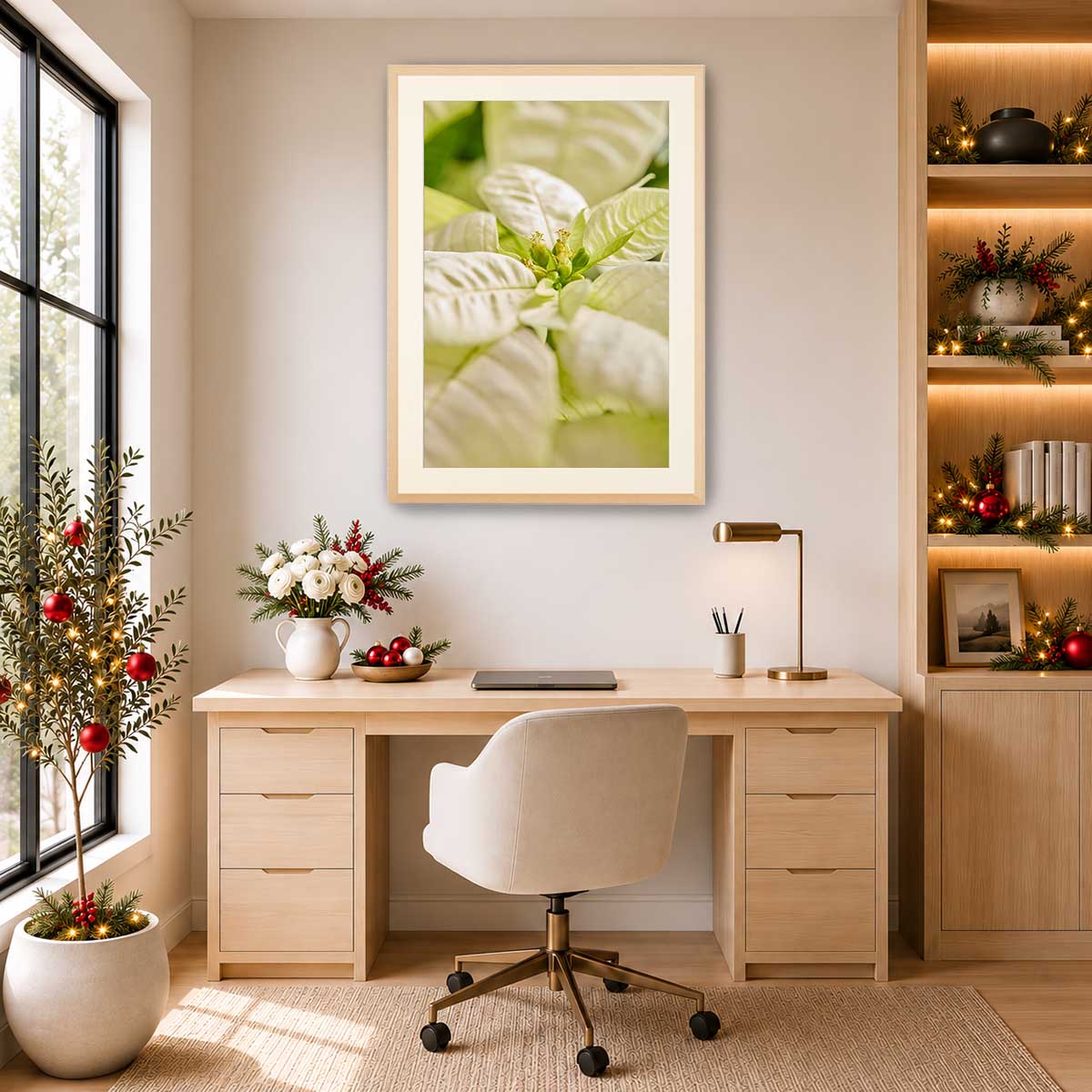 Floral wall art canvas featuring pale green poinsettia petals with close up soft focus detail for vertical display.