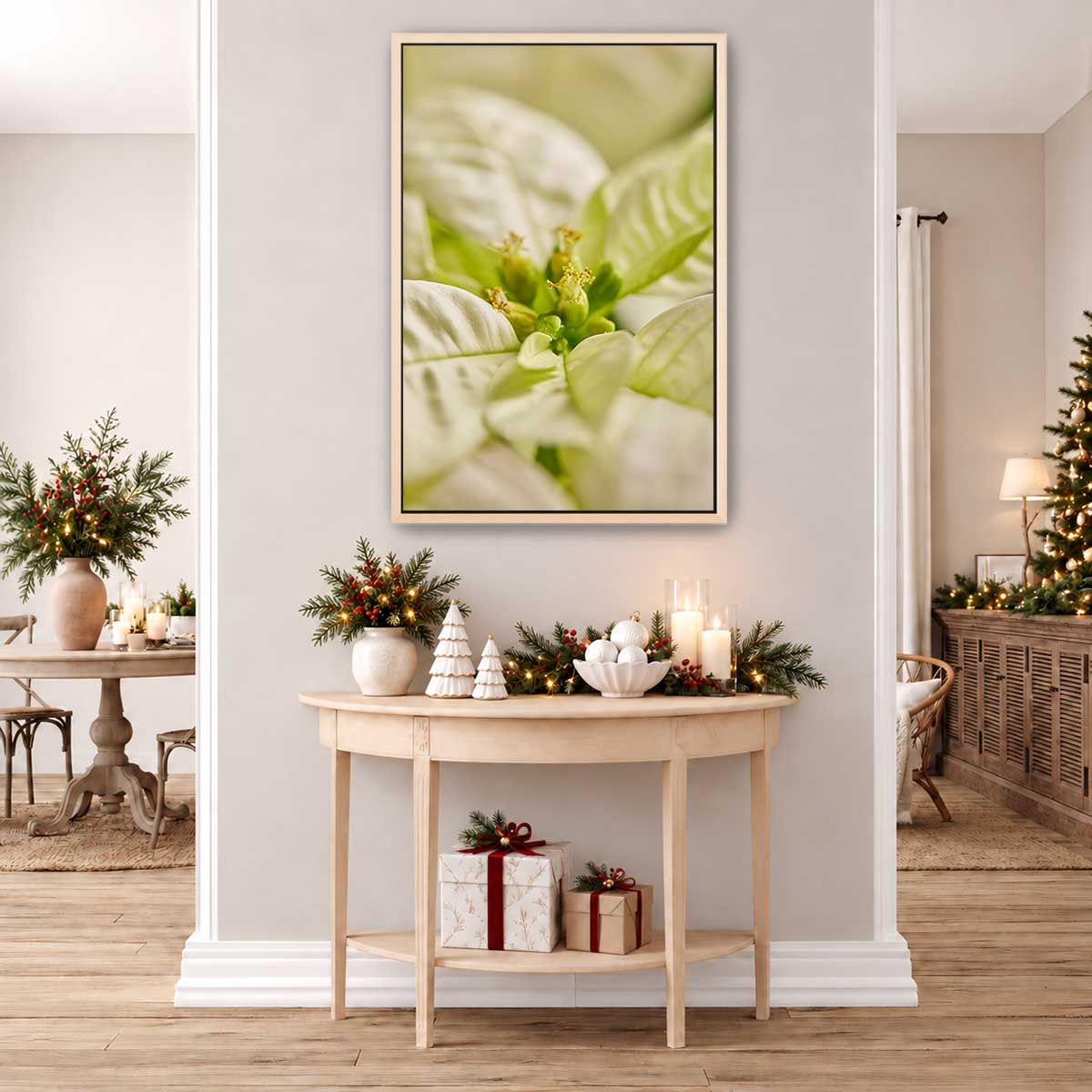 White Christmas poinsettia wall art print with softly blurred bracts in a vertical 2:3 format