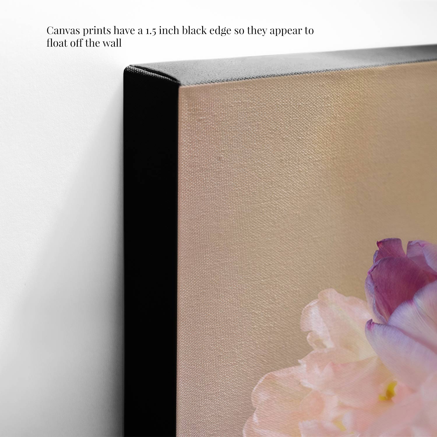 Close-up of the Teapot of Blooms canvas wall art. The 1.5-inch black edge creates a floating effect, with text detailing this fine art print feature at the top.