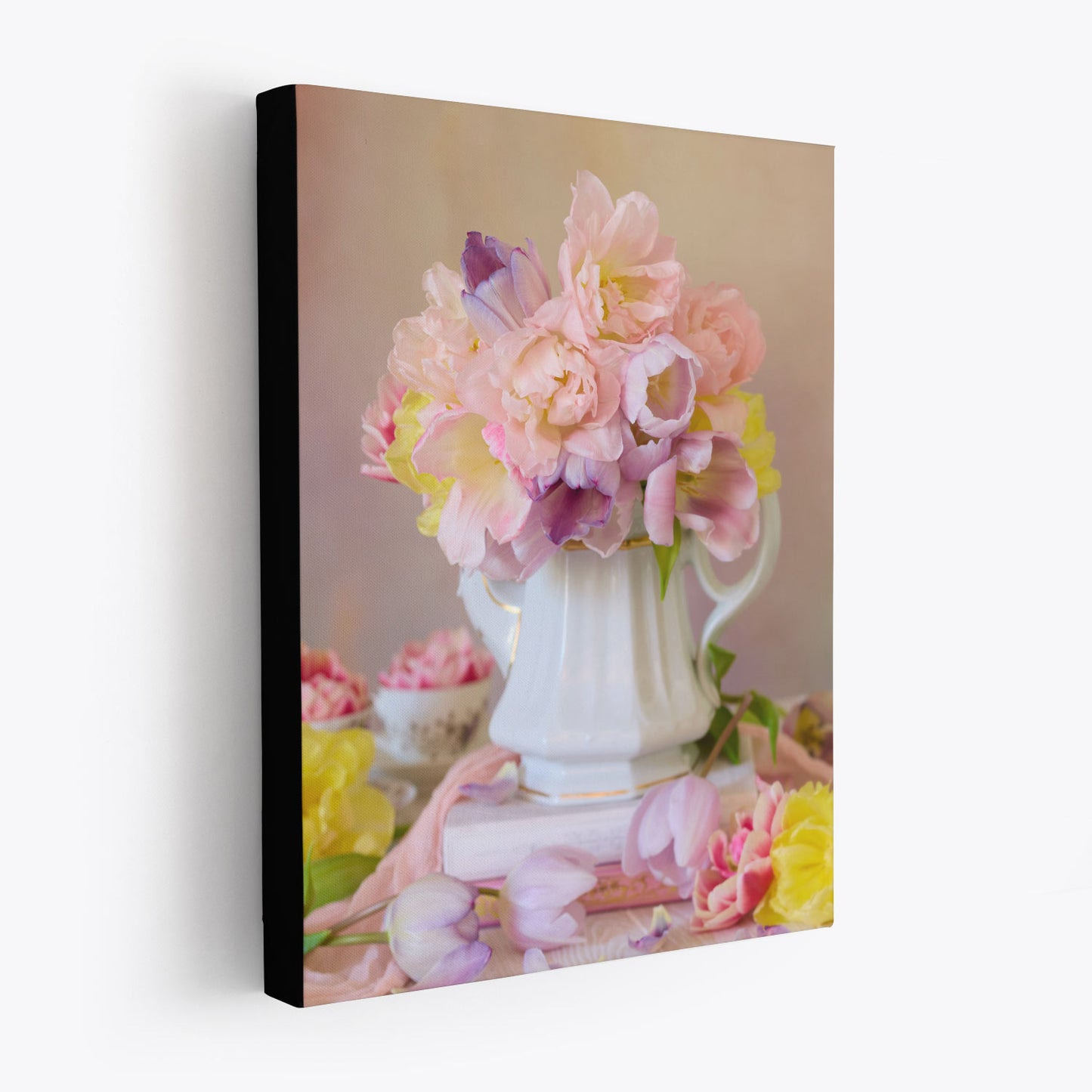 Side view of the Teapot of Blooms canvas wall art. The canvas has a 1.5-inch black edge, producing a floating effect.