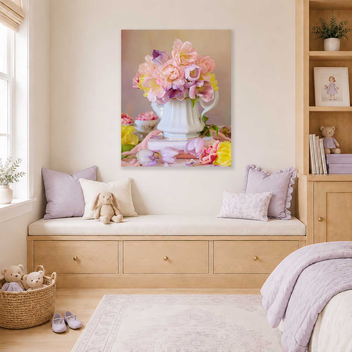 Teapot of Blooms Tulip Wall Art Canvas with pink and purple flowers and a white teapot centerpiece