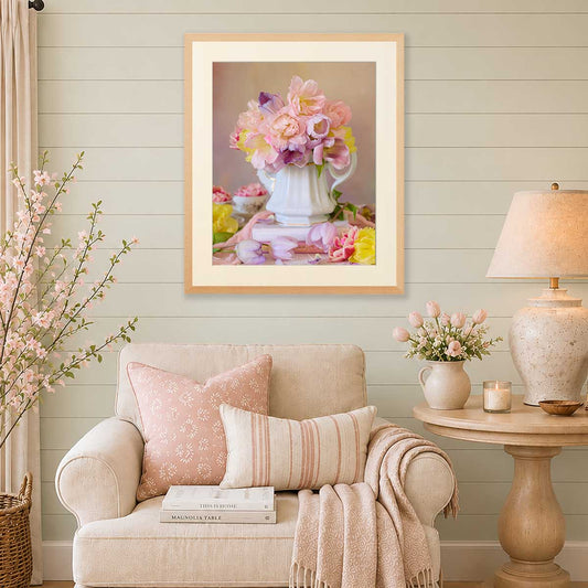 Teapot of Blooms Tulip Wall Art Print with pink and purple flowers in a white vase on fine art paper