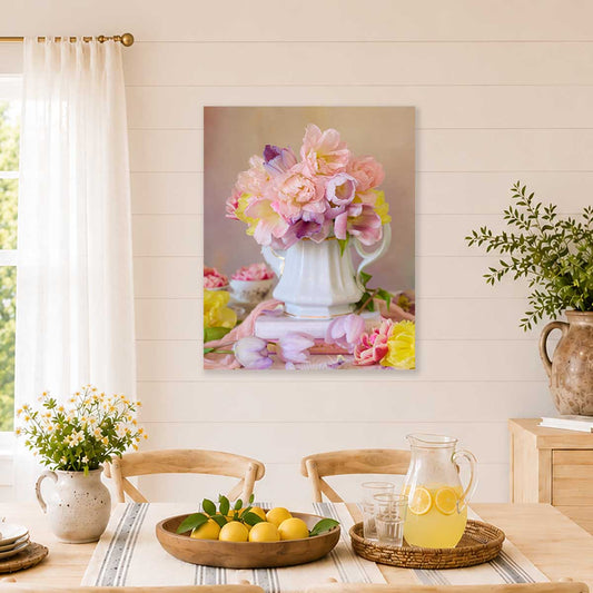 Teapot of Blooms Tulip Wall Art Canvas with pink and yellow tulip flowers and a white teapot