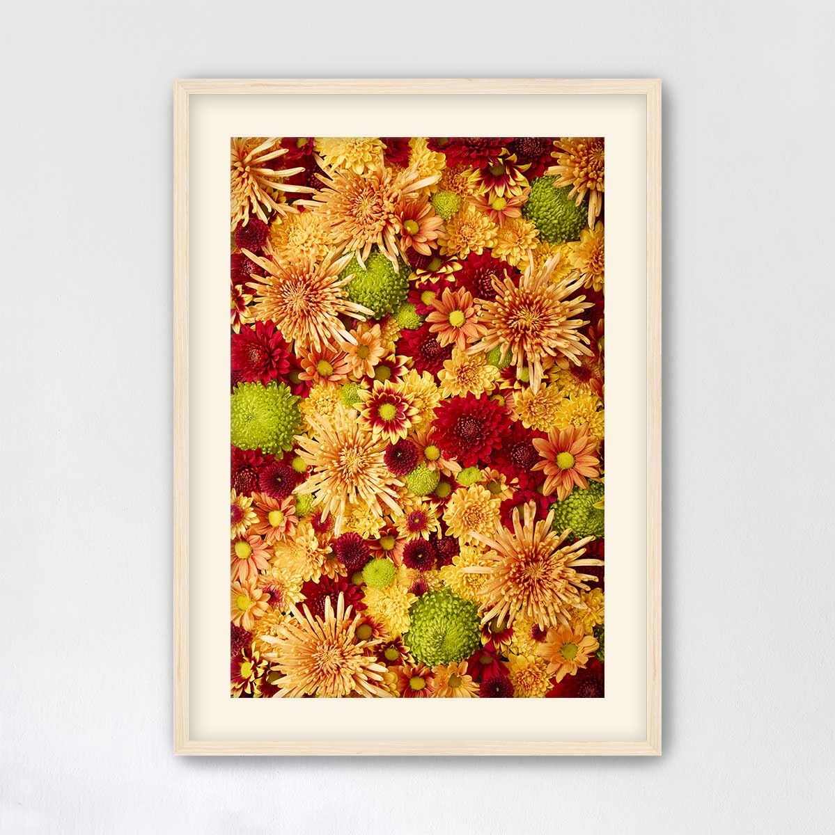 The image is a framed collage of various colorful flowers, including red, yellow, and green blooms, arranged in a visually appealing manner.