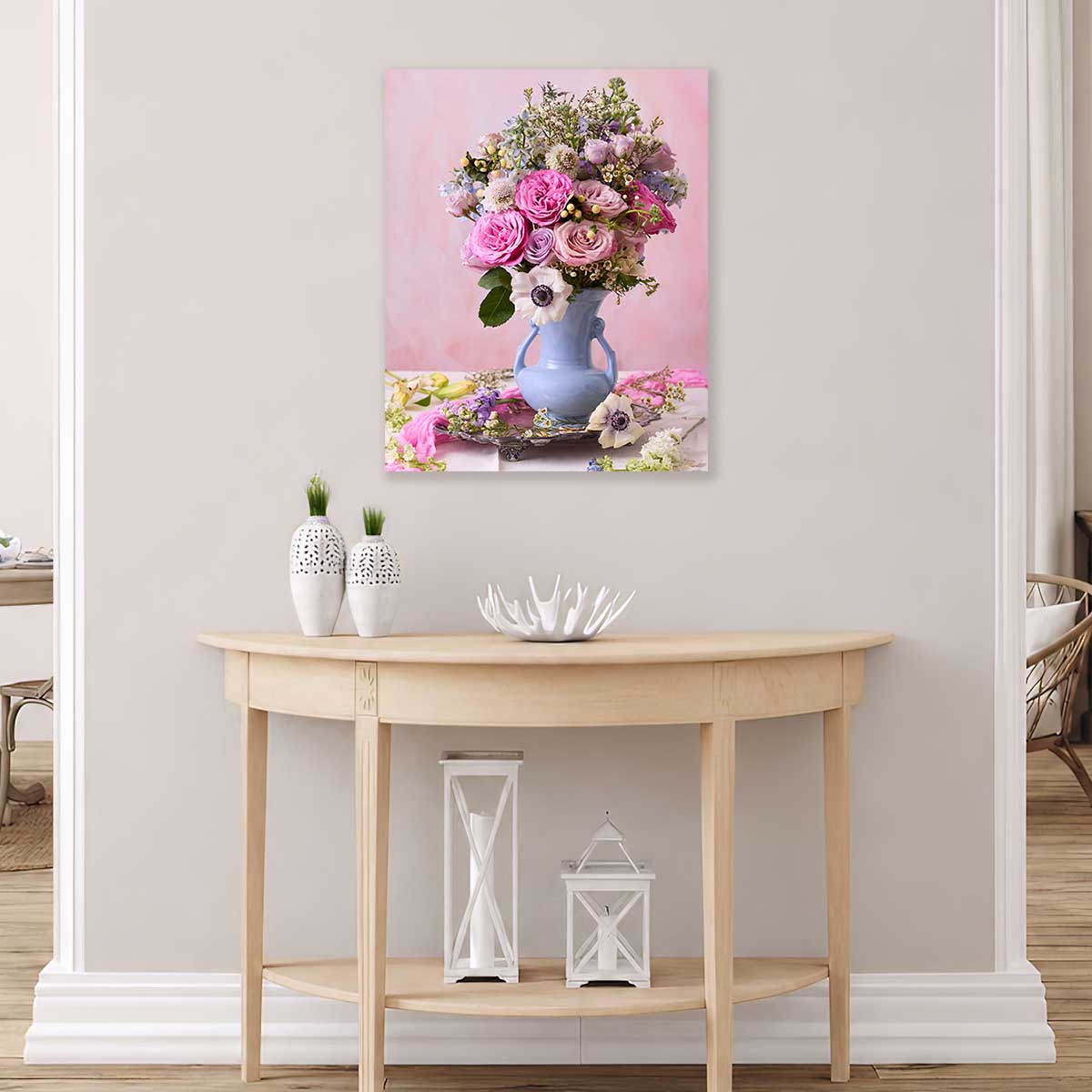 Pink and Blue Serenade Floral Wall Art Canvas wall art with a pink bouquet and blue vase on a light background