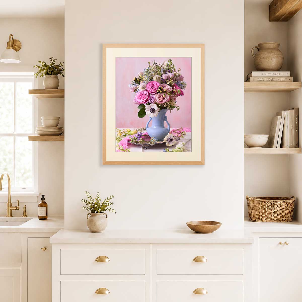 Pink and Blue Serenade floral wall art print with pastel bouquet in a gold frame, wall art