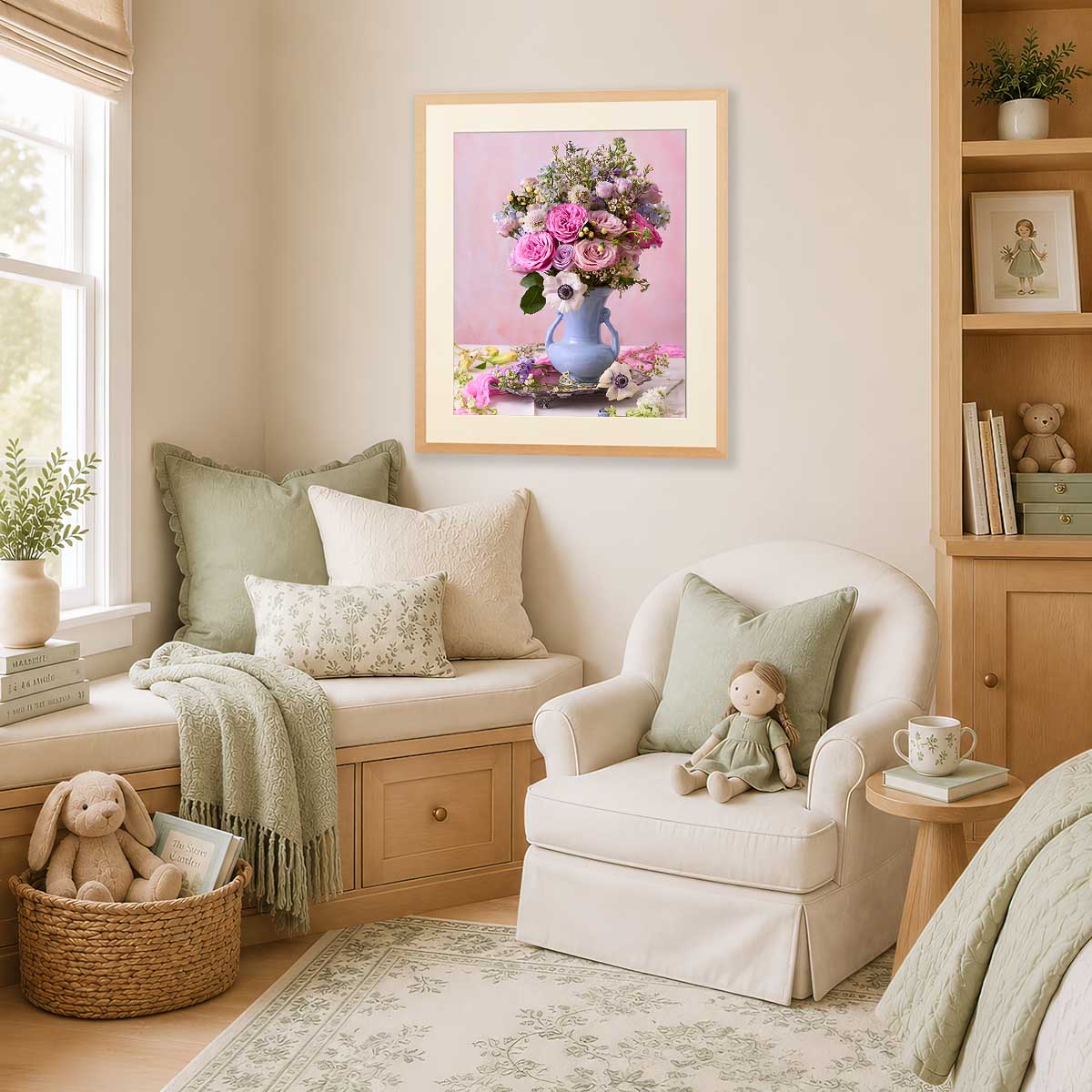 Pink and Blue Serenade floral wall art print with a bouquet in a blue vase on a soft pink background