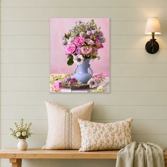 Pink and Blue Serenade Floral Wall Art Canvas with pink and blue flowers in a vase on a soft wall