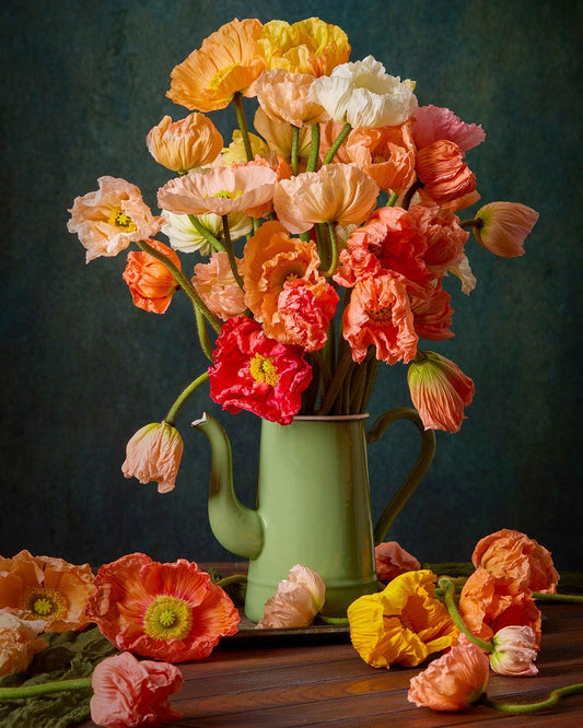 Several italian poppies in a green teapot on a wood surface with a dark mottled background.