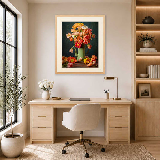 Poppy Passion wall art print with Italian poppies in a green vase on dark teal background