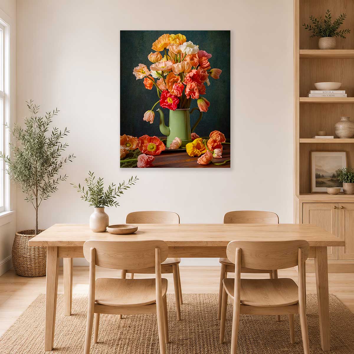 Poppy Passion canvas wall art with Italian poppies in a green vase, displayed vertically in a living room