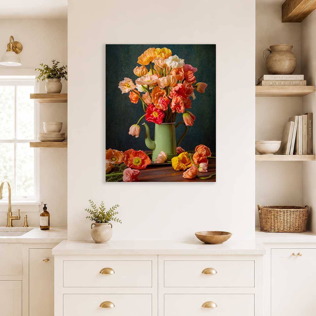Poppy Passion canvas wall art with Italian poppies in a green vase on a dark background