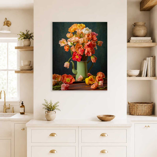 Poppy Passion canvas wall art with Italian poppies in a green vase on a dark background
