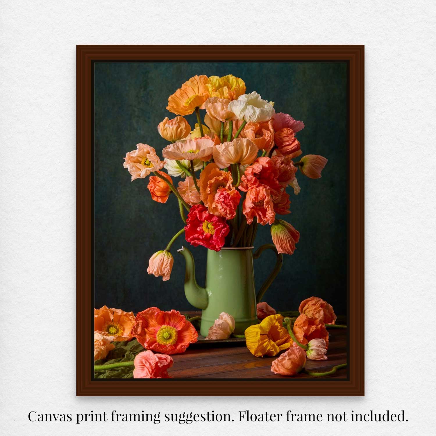 The Poppy Sisters Portraits - 3 Piece showcases a vibrant array of Italian pastel poppies in orange, red, yellow, and pink within a green pitcher on a dark background. Some flowers are scattered below. Note that the canvas frame is not included in this still-life image set.