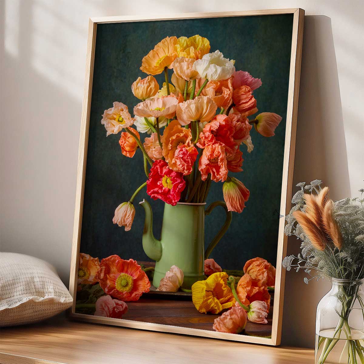 Poppy Passion wall art canvas print with Italian poppies and a green teapot, framed in maple wood.