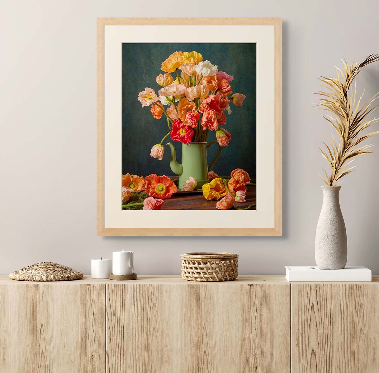Poppy Passion wall art canvas print with Italian poppies and an orange green teapot on a dark backdrop, framed
