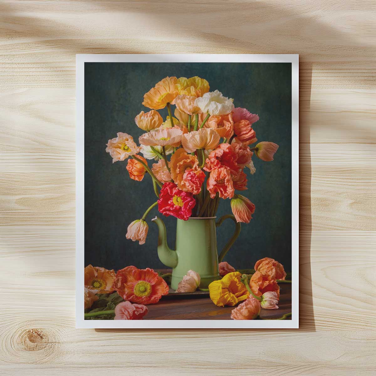Poppy Passion paper print of orange and pink Italian poppies with green teapot on dark background