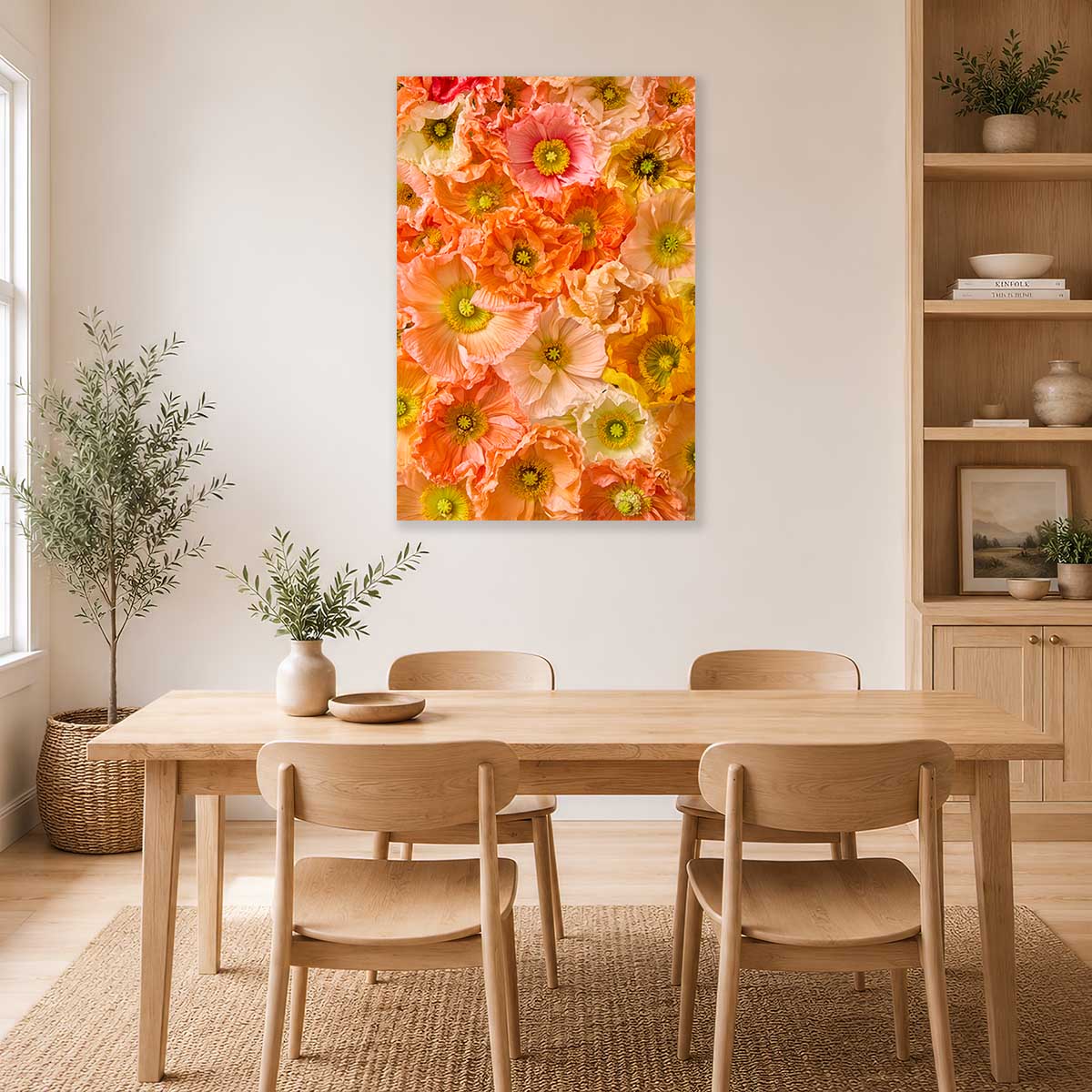 Petals of Light Poppy Wall Art Canvas with orange and pink poppy blooms filling the frame in a bright room